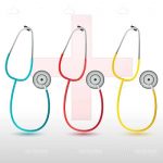 Blue, Red and Yellow Stethoscopes on a White Background with Red Cross